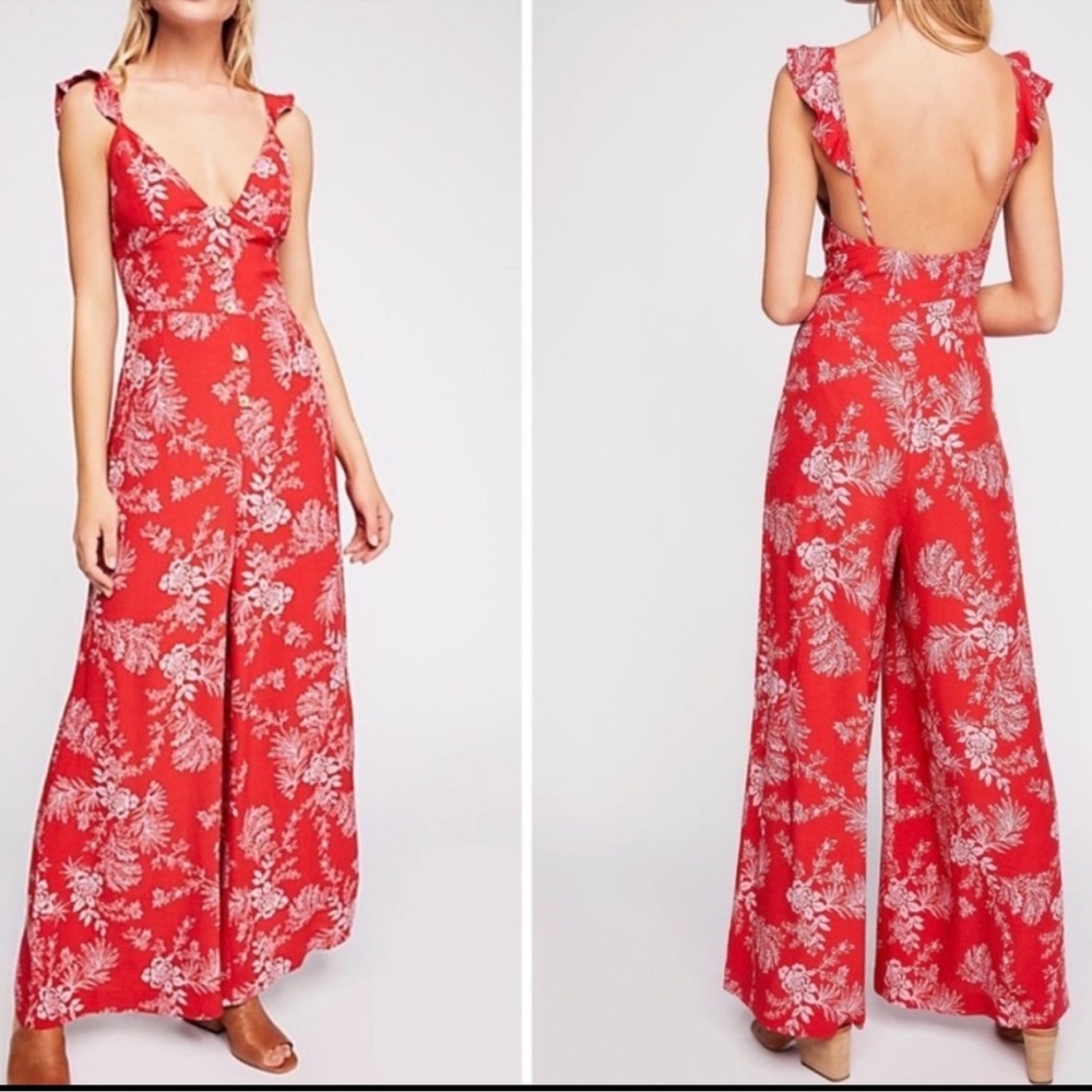 Free People Be the One Ruffle Strap Floral Wide Leg Jumpsuit 0
